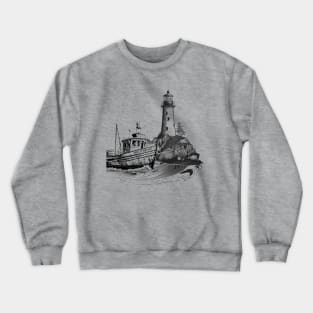 lighthouse with an old boat in vintage style Crewneck Sweatshirt